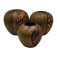 Vintage Hand Carved & Painted Wooden MCM Wood Round Candle Holders picture