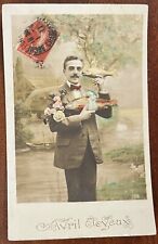 ATQ 1910s RPPC Tinted Postcard April Fools Day Man Holds Fish to Ear Humor picture