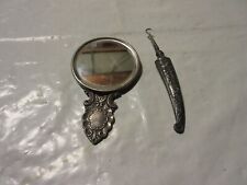 Antique Silver Plate Ornate Handled Vanity Button Hook & Mirror picture