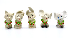 5 VTG Miniature Plastic Figurines Bunny Kitten Mouse Wearing Flower Leis  picture