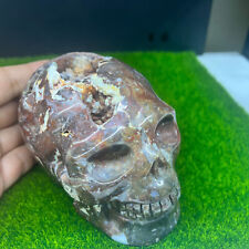 2.38lb Natural Geode Agate Quartz Carved Skull Crystal Reiki Healing Gem Decor picture