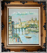 Vintage Original Oil Painting Italy Parisian Paris River Seine Pont Neuf Bridge picture