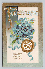 Postcard Christmas Greeting w/ Forget-Me-Not Flowers, Winch Back Antique G13 picture