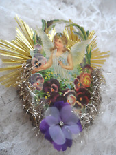 Antique Style Christmas Ornament-HANDMADE VINTAGE SCRAP ANGEL w/TINSEL & FLOWER picture