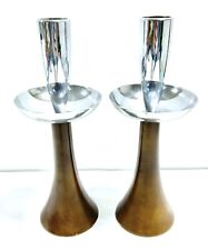 Vintage Mid Century Danish Modern Wood/Chrome Candlestick Holders 8.75” Tall picture