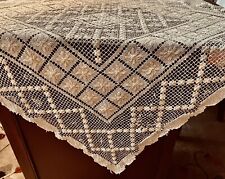Vintage Primitive  Cottage Style Lace Off-white Tablecloth with Fringe 54 x 48