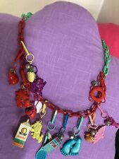 Vintage 80’s Bell Charm Necklace Retro 14 Charms Green/ Red Chain Sunkist Juice picture