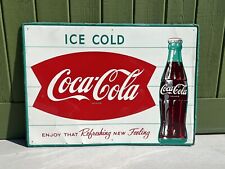 Vtg 1950's Coca Cola Ice Cold Fishtail Metal Advertising Sign Original 27 3/4