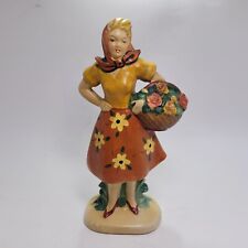 Chalkware Retro Lady Woman Figurine w/ Scarf  Basket of Flowers 10” T Vintage picture