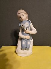 NAO by Lladro My Teddy Bear Figurine Girl Kneeling Holding Big Blue Bear picture