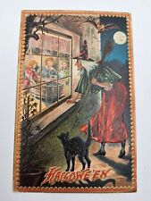 c1909 Tuck's #160 Halloween Postcard Witch, Black Cat, Moon, Owl - Embossed picture