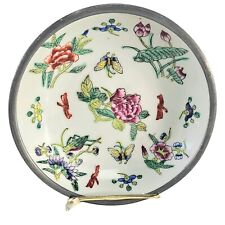 Vintage Porcelain Ware Pewter Bowl Trinket Dish Floral Hong Kong Mid 20th C. picture
