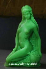 Glow in the Dark Green Jade Stone Beautiful Belle Girl Nake Kneel Flower Statue picture
