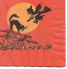 Vintage COCKTAIL Halloween Napkin ~ Witch On Broomstick, Black Cat, JOLs, Moon picture