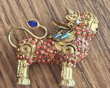 Tibetan Coral Turquoise Jeweled Gilt Brass Foo Dog Dragon Lion  picture