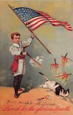 J79/ Patriotic Postcard c1910 Fourth of July 4th Child Gun Cat Fireworks 182 picture