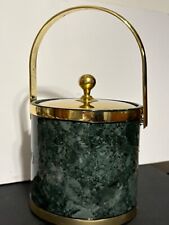 Vintage Kraftware Ice Bucket Vinyl Green Marble Pattern Gold Lid & Handle. picture