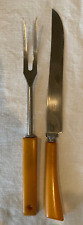 Vintage 1940s Butterscotch Handle Bakelite or Catalin Large Carving Knife & Fork picture