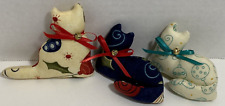 Puffy Fabric Cat Christmas Ornaments 3 Handmade Kitty Kittens w Ribbon Collars picture