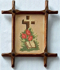 Sweet little RELIGIOUS antique Paper Punch Sampler CROSS FLOWERS BIBLE framed picture