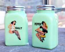JADEITE GREEN 1950's STYLE PIN-UP GIRLS GLASS SALT & PEPPER SHAKERS RETRO JARS picture