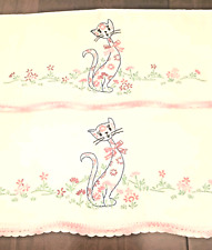 Vintage Embroidered Pillow Cases Floral Cat Lace Trim Romantic Set Of 2 picture