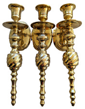 Vintage Set Of Three Solid Lacquered Brass Wall Candle Holders Sconces 10” India picture