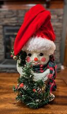 Paper Mache Snowman w/ Christmas hat scarf Evergreen tree and cardinal handmade picture