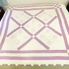 Vintage 1930s Antique Quilt, Lavender Flower Gold Thread, Twin/Double/Full picture