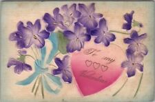 1910s VALENTINE'S DAY Embossed Postcard Air-Brushed Heart & Purple Flowers picture