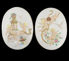 Vintage Mid Century Angel Cherubs Ceramic Wall Plaques Hand Painted Set Of 2 picture