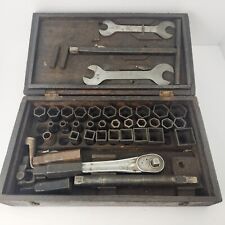 Antique Frank Mossberg Socket Wrench Set Wood Case Square Drive Ratchet Model T picture