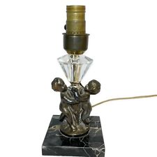 Antique Art Nouveau Lamp Brass Cherub Black Marble Crystal Hollywood Regency picture