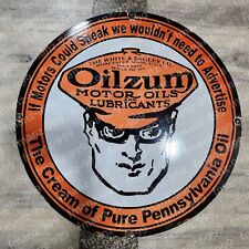 OILZUM MOTOR OILS PORCELAIN ENAMEL SIGN 30 INCHES ROUND picture