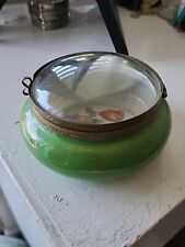 Vintage  Porcelain Hinged Jewelry Or Powder Trinket  Jar Green Hand Painted Bras picture