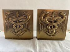 Vintage Brass Doctor Physician Medical Caduceus Serpent Bookend Heavy Pair picture