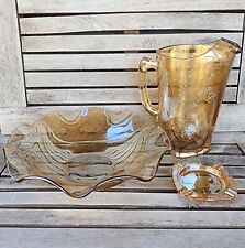 Vintage Jeanette Floragold Louisa Bowl & Pitcher & Ashtray Set Carnival Glass picture
