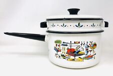 Vintage Enamel Pot Double Boiler Folk Art Thanksgiving Turkey Mid Century DK21 picture