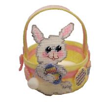 Vintage Hand Crafted Yellow Plastic Canvas Yarn Easter Bunny Basket Granny Core picture