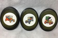 Ford T 1908 Fiat 1899 Daimler 1905 Ceramic Wall Plaques Wood Frames Set of 3 picture