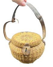 Antique Handmade Woven Pine Needle Basket Purse Handbag Leather Old Homestead picture