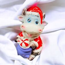 Vintage Resin Whimsical Holiday Christmas Cow Santa Figurine Mini 2.25”T 1.5”W picture