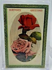 Birthday Greetings Roses Made In Germany Vintage Postcard 1911 Embossed Glossy picture