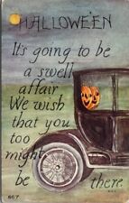 Antique Halloween Postcard JOL Pumpkins Model A Car Swell Wish F A Owen Co c1910 picture