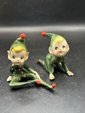 Christmas Pixie Elf FIGURINES RARE Japan GREEN RED MCM 1950s One Has Repair picture