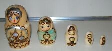 Russian Hand Painted Silver Accent Nesting Stacking Burned Wood 5 Dolls picture
