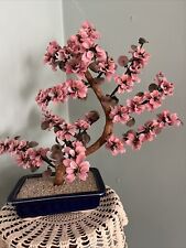 Vintage Chinese Peking Glass Stone Jade Cherry Blossom Bonsai Tree Pink Flowers picture