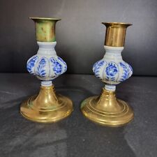 Vintage Delft Style Porcelain and Brass Candlestick Holders, a Pair picture