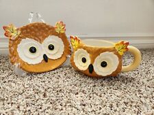 Owl Mug & Plate 3D Fall Leaves Face Coffee Cocoa Tea 13oz Ceramic Robert Stanley picture