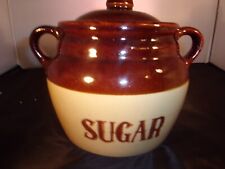 Vintage Stoneware Crock w Handles Sugar canister Brown and Tan picture